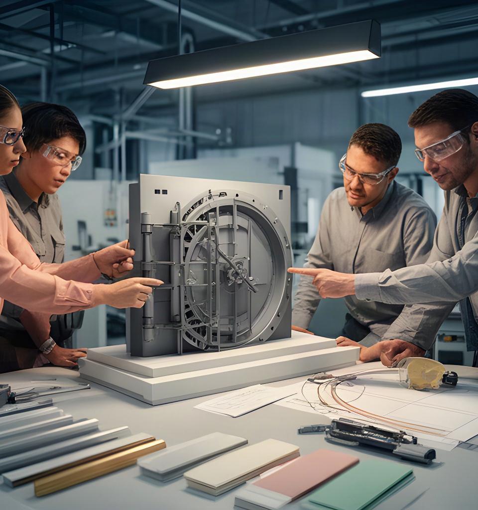 Engineering team reviewing a three-dimensional vault door CAD model around a worktable