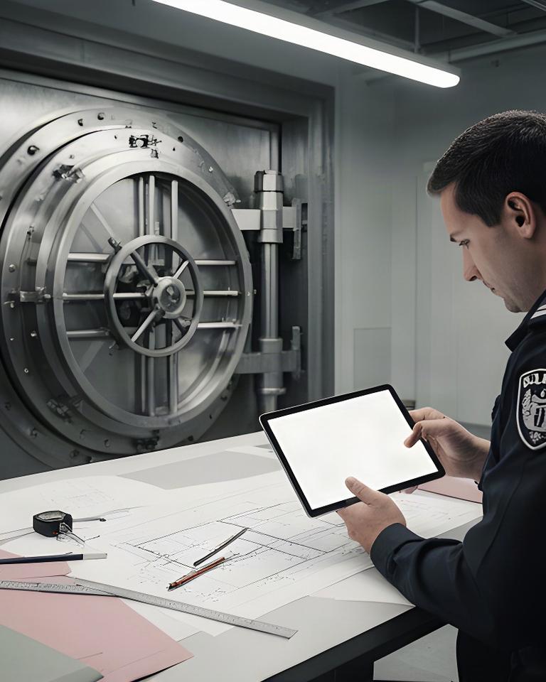 Security professional reviewing safe specifications at a desk beside a bank vault door