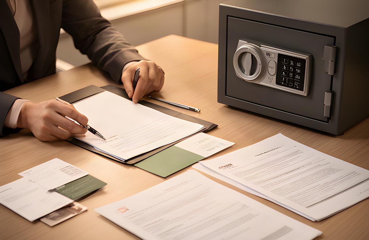 Privacy adviser preparing a written customer request beside secure storage product documents