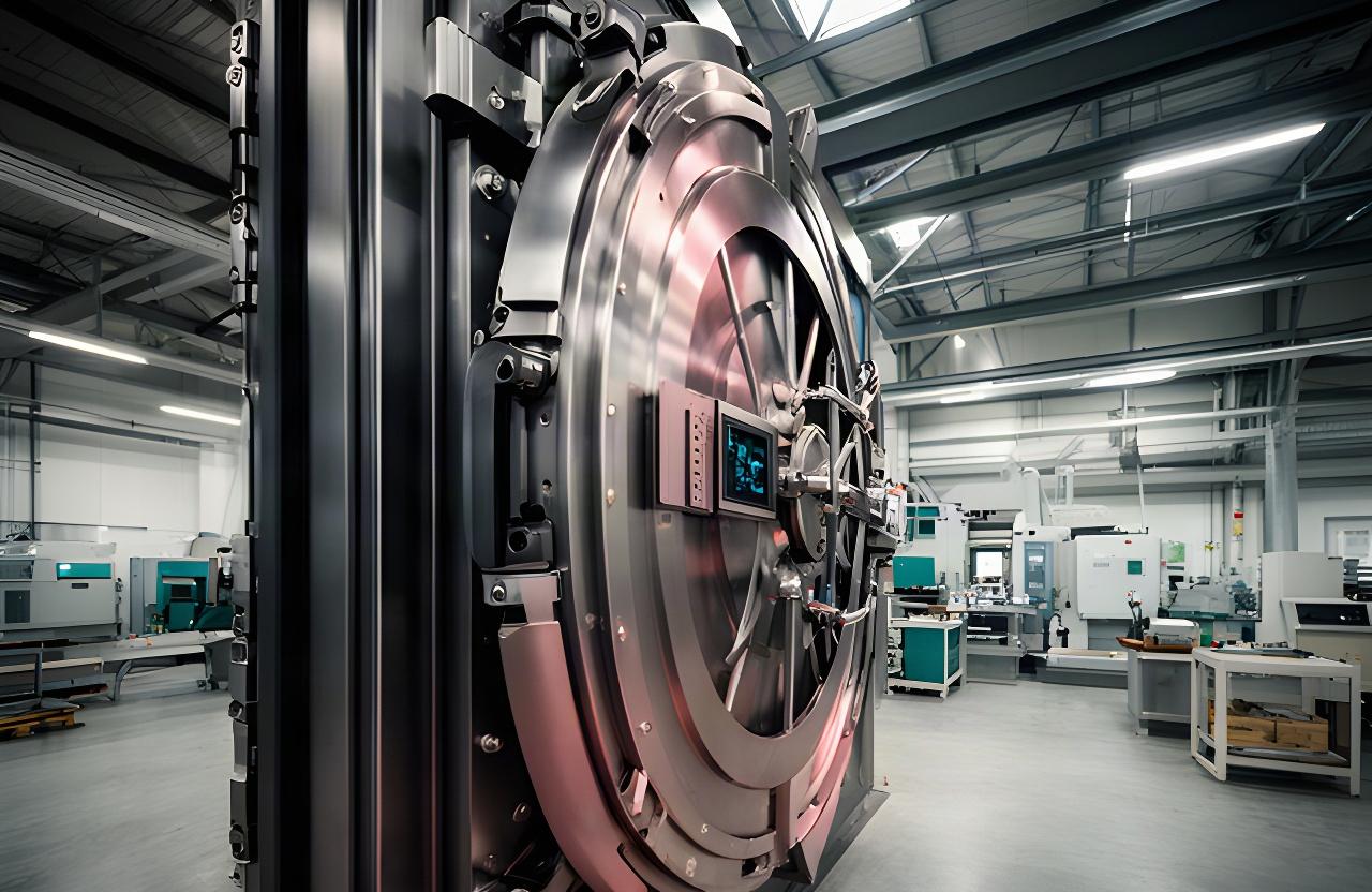 Complex custom vault door with a biometric access panel inside a secure manufacturing facility