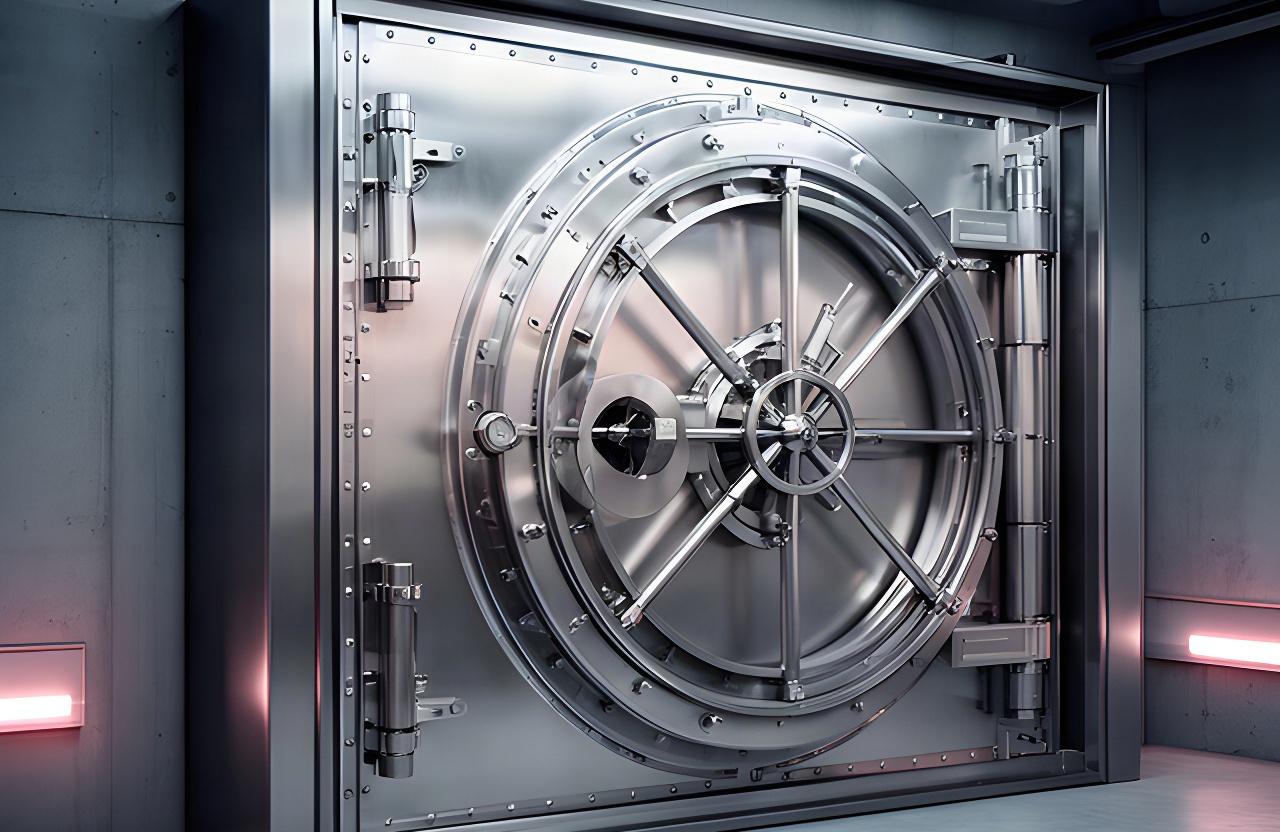 Class V bank vault door with polished stainless steel finish in a secure testing facility
