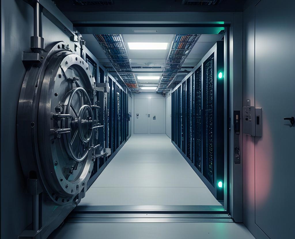 Secure data centre strongroom with reinforced doors, server racks and controlled access lighting