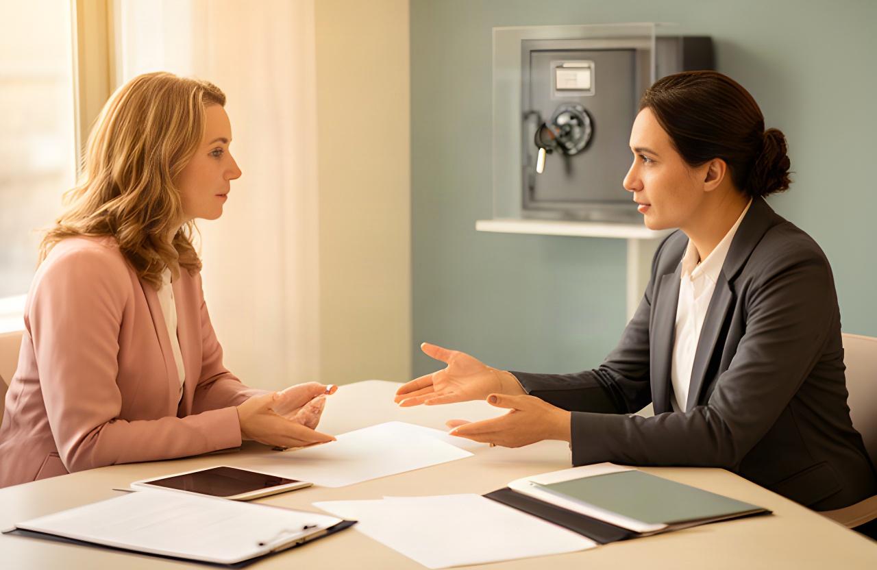 Business customer and secure storage adviser discussing consent and personal data choices in a meeting room