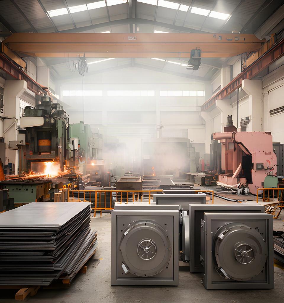 Singapore safe manufacturing workshop on Siloso Road with steel fabrication equipment and finished vault components