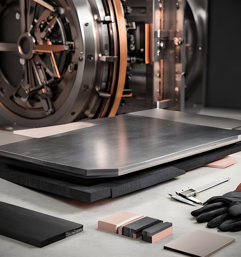 Boron steel plate and graphite composite materials arranged beside a vault door assembly