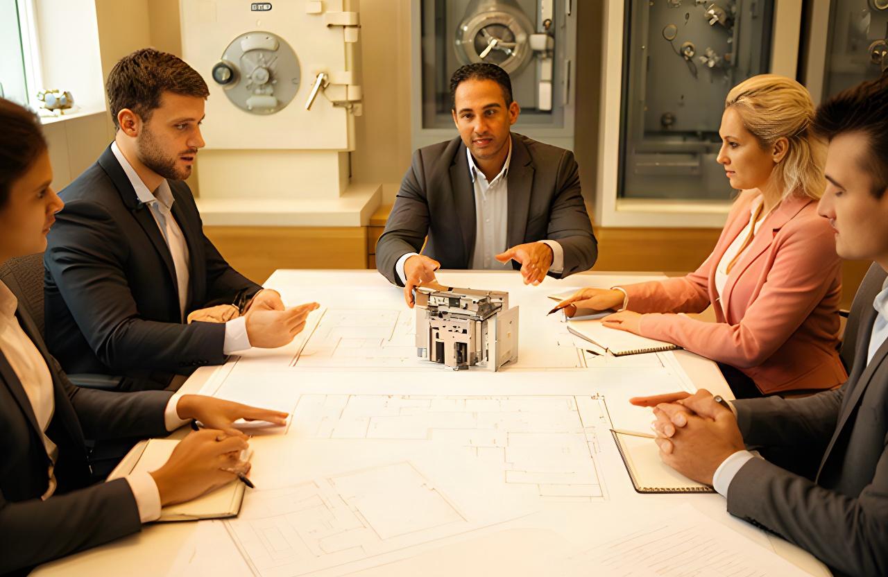 Business security team discussing vault access plans with a consultant across a meeting table