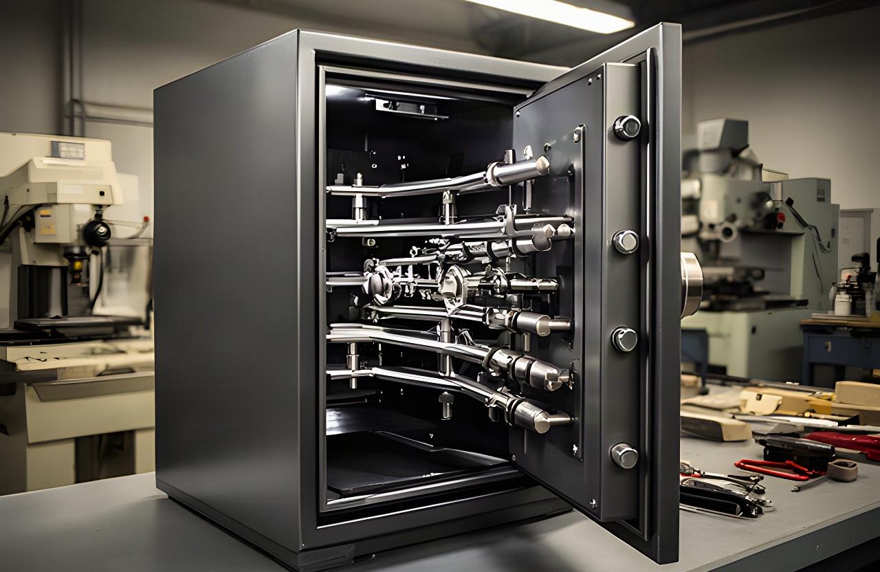 Free-standing high-security safe with exposed intricate boltwork in a bank workshop
