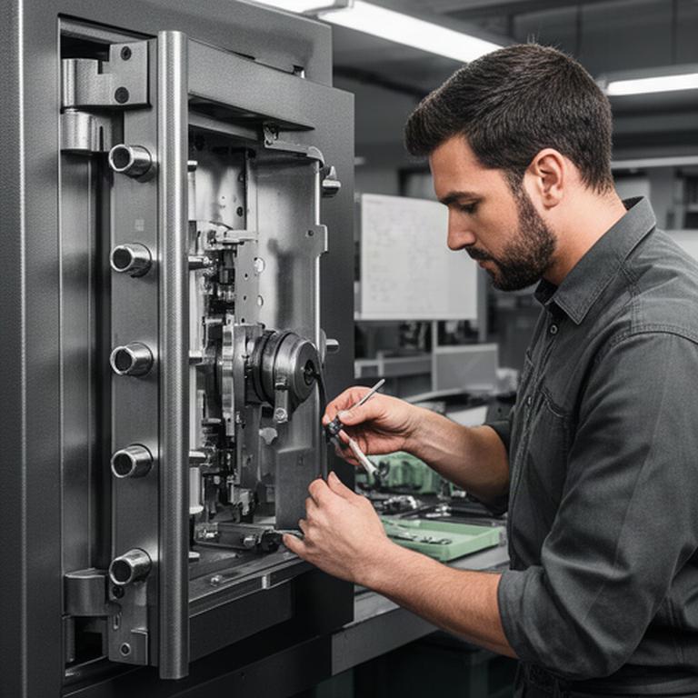 Manufacturer inspecting a steel safe door and checking its locking mechanism in a workshop