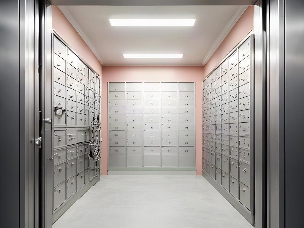Bank vault interior lined with rows of secure deposit boxes and bright inspection lighting