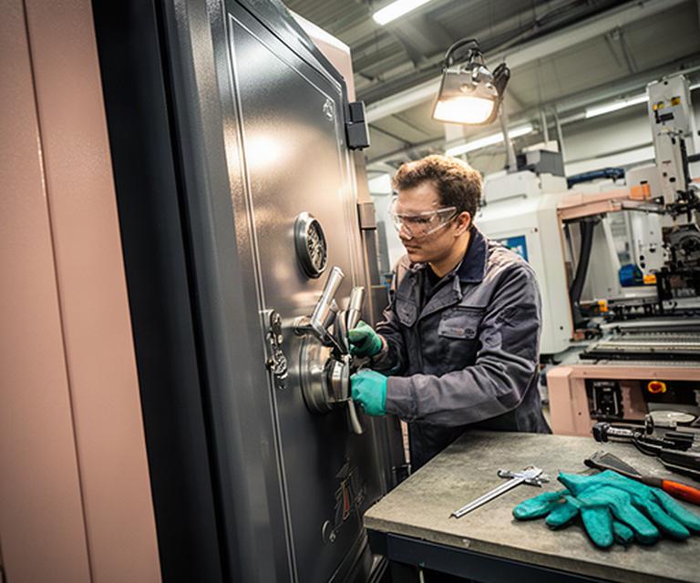 High-security safe door being inspected on a precision manufacturing floor