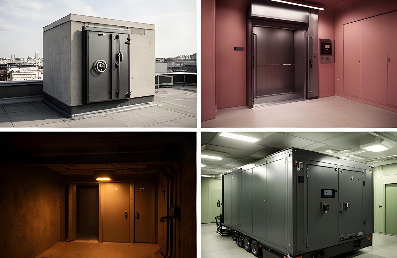 Non-identifying gallery of a rooftop bank vault, underground strongroom and mobile secure room