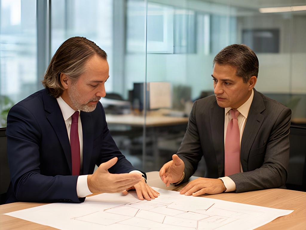 Bank manager reviewing secure storage plans with a vault consultant at a meeting table